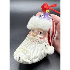 Vintage Stars & Stripes Crescent Santa Head Glass Christmas Ornament Nice! -LO17